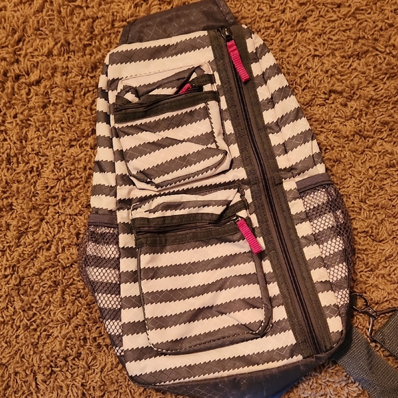 Thirty-one Striped Gray and White Sling Backpack - Picture 1 of 9